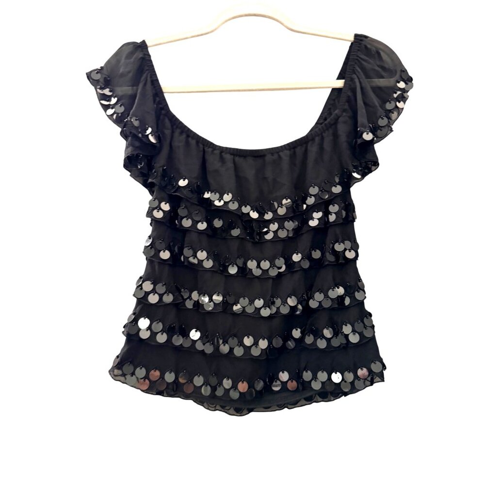 Black Caché Ruffle Sequin Silk Blouse Top For Women Size 2